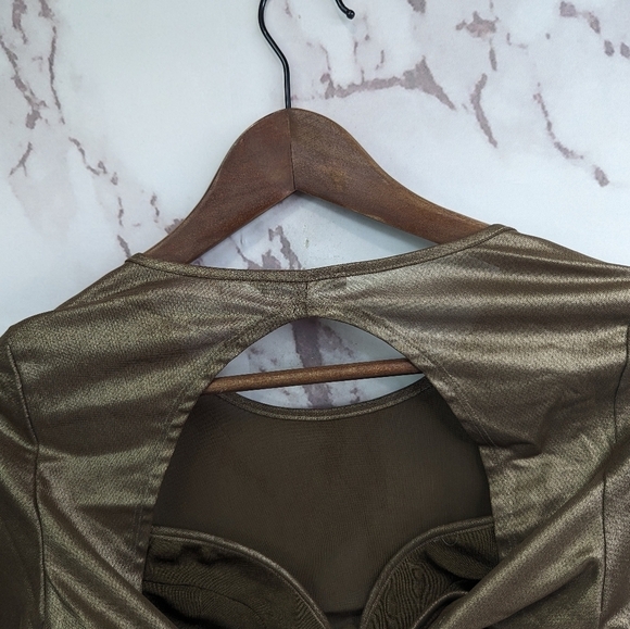 Good American Crop Top Women Mesh Underwire Long Sleeve Mocha Foil - Picture 7 of 10